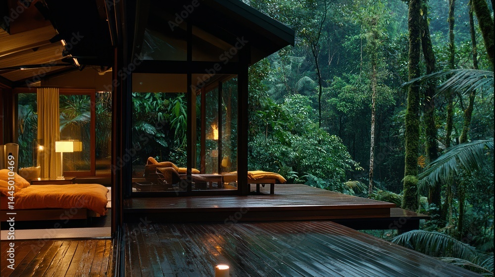 A luxurious house overlooking a vibrant and lush rainforest view A luxurious house overlooking a vibrant and lush rainforest view