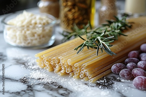 Close-up of dry pasta, rosemary, and grapes on marble surface with flour.
