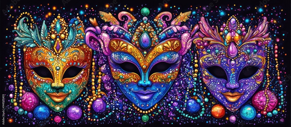 Carnival Masks with Jewels on Dark Background Carnival Masks with Jewels on Dark Background