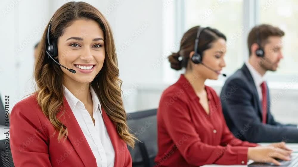 Friendly female call center agent with headset smiling at camera in diverse modern office. Customer support team at work