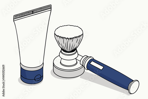 26 Shaving accessories, white cream tube, blue base, shaving brush, blue handle, silver base, soft bristles, grooming essentials, personal care products, men's toiletries, clean white background, mini