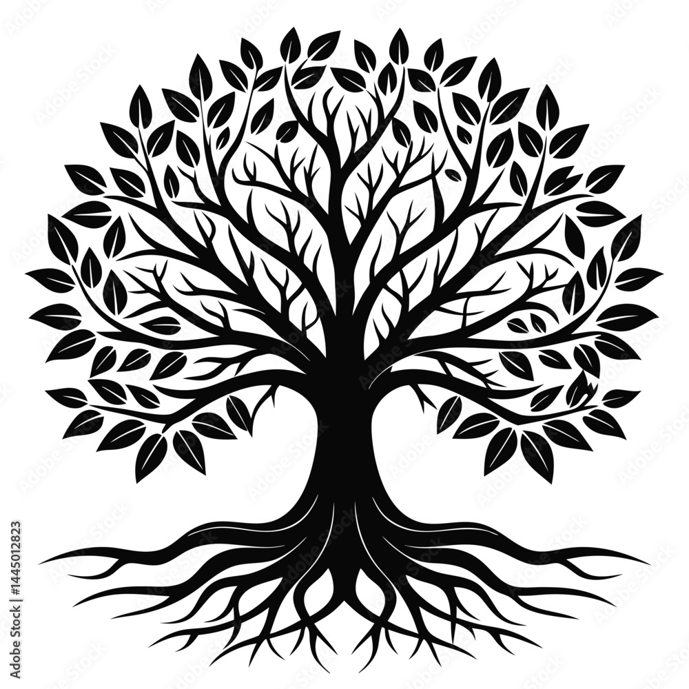 Fototapeta premium Stylized Black Tree Silhouette with Branches, Leaves and Roots on White Background