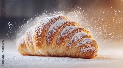 croissant with powdered sugar Photography white back background
