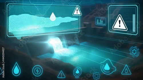 Holographic Water Monitoring System with Flow Analysis, Climate Alert Icons and Digital Hydrology Interface

