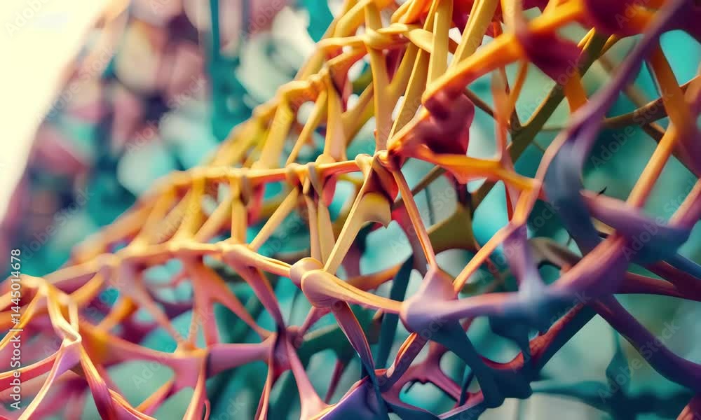 The composition features intricate interconnected structures with vivid colors under natural light, highlighting the beauty of abstraction and creativity in an outdoor environment.