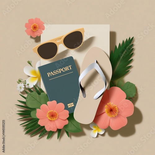 Tropical flowers surrounding passport, sunglasses, and flip-flops, creating laid-back summer vacation mood