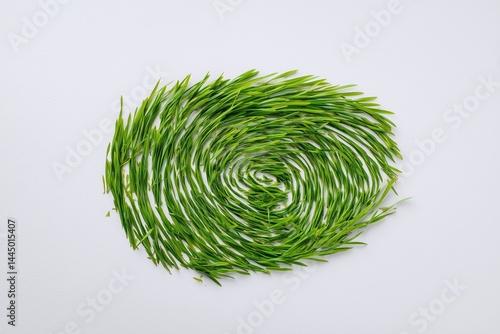 Green blades of grass curling in a spiral pattern resembling a fingerprint, symbolize organic growth and ecological harmony