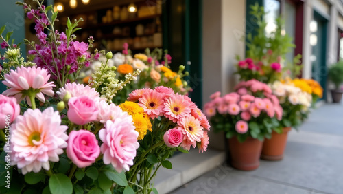 Wallpaper Mural Colorful pastel flower arrangements displayed outside flower shop with pots and bouquets in sunlight, concept of florist marketing garden center, spring decor. Torontodigital.ca
