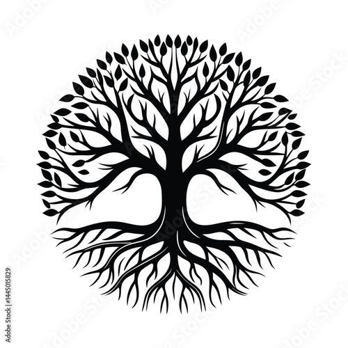 Silhouette Circular Tree of Life with Roots and Branches on White Background