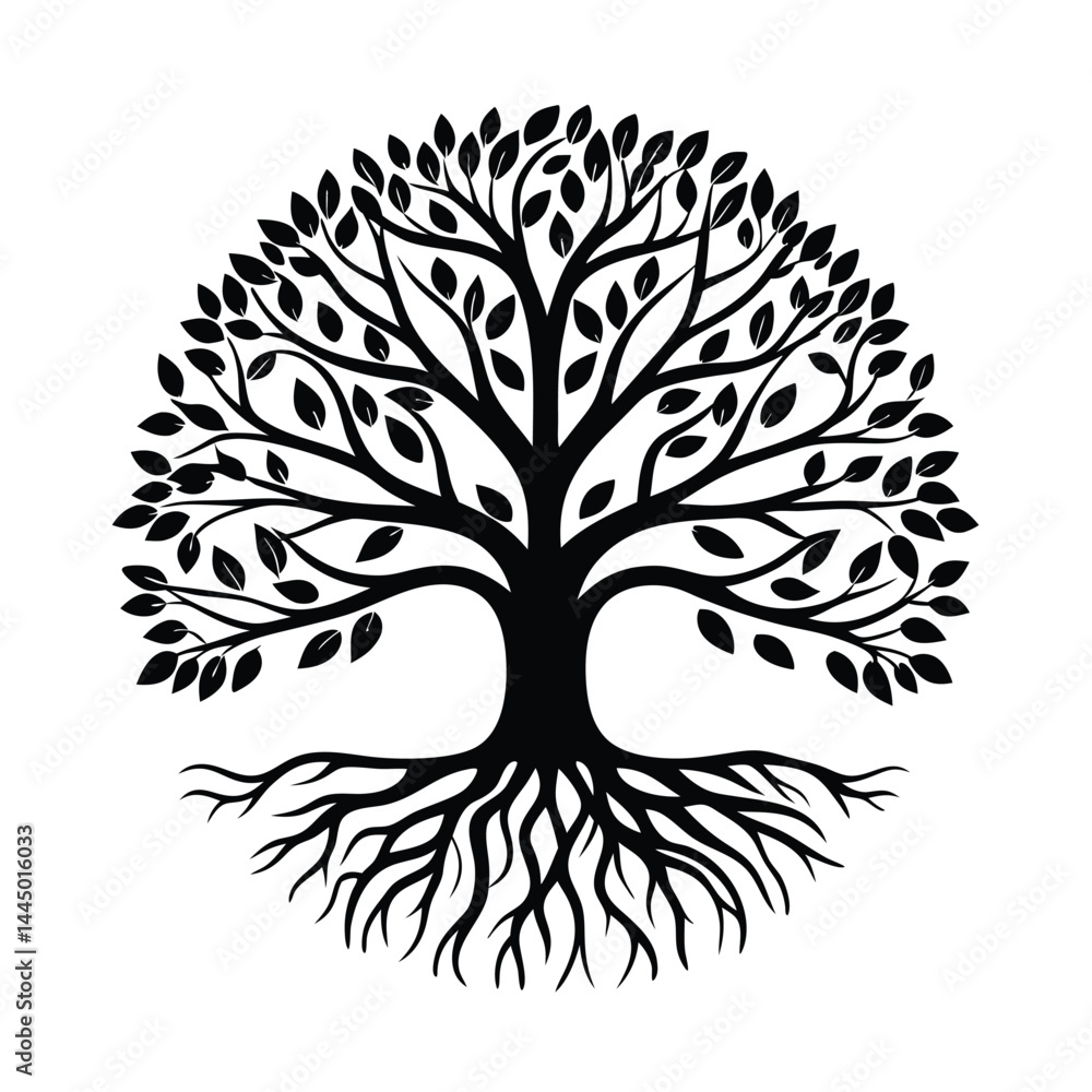 Obraz premium Black and White Tree Silhouette, Round Shape with Branches, Roots, and Leaves