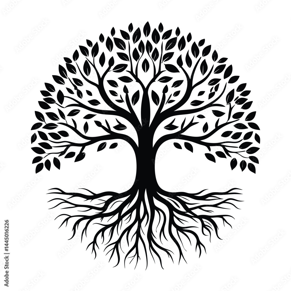 Obraz premium Silhouette Tree With Branches, Roots, Foliage in Circular Shape on White Background