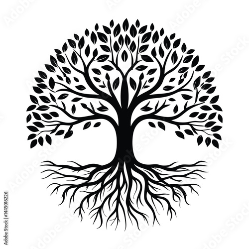Silhouette Tree With Branches, Roots, Foliage in Circular Shape on White Background