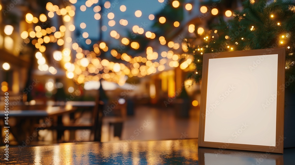 Blank Sign Mockup Festive Outdoor Cafe Christmas Lights Background Blank Sign Mockup Festive Outdoor Cafe Christmas Lights Background