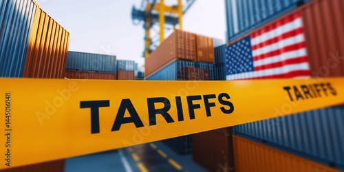 Yellow barrier tape with the word tariffs printed on it, blocking cargo containers with united states flag, representing trade war and embargo