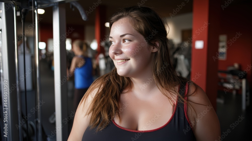 Woman struggling with excess weight enjoys the results of her workout at the gym Woman struggling with excess weight enjoys the results of her workout at the gym