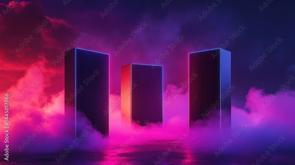 Fototapeta premium Neon towers in cloudscape, futuristic scene, digital art, website banner