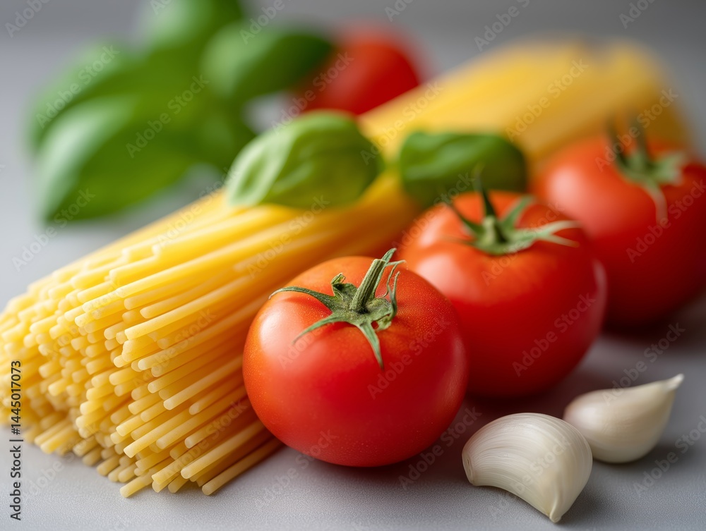 Fresh ingredients for a classic Italian pasta dish featuring tomatoes, garlic, and basil Fresh ingredients for a classic Italian pasta dish featuring tomatoes, garlic, and basil