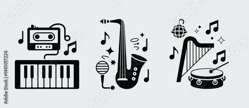 Musical Instruments Icons Cassette, Keyboard, Saxophone, Harp, and Drum