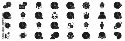 Clock And Time Management Solid Icon Set. Productivity, Efficiency, And Scheduling Silhouette Symbol Collection. Includes Clocks With Brain, Book, Gear, And More. Isolated Vector Illustration