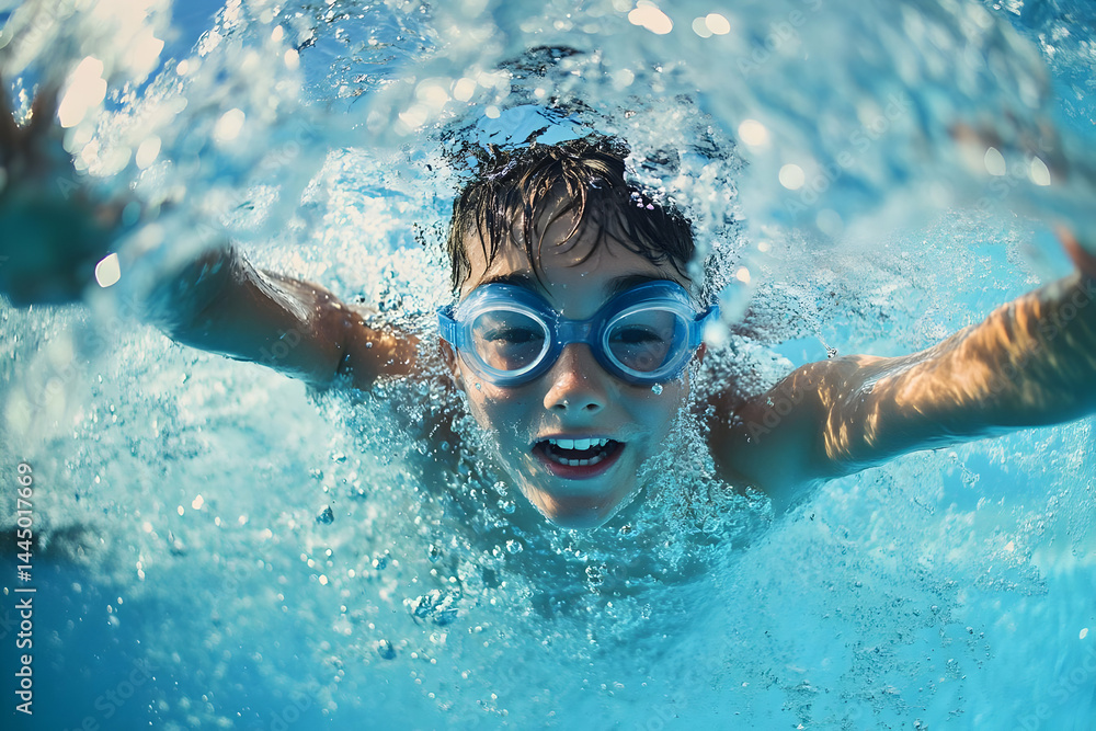 Naklejka premium A joyful boy wearing blue swimming goggles bursts through the water's surface, capturing the thrill of swimming on a sunny day.