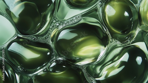 Shiny green gel bubbles forming an abstract textured background, ideal for beauty, skincare, or science-related projects