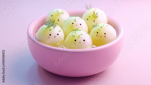 Funny dumplings with dill relaxing in a pink bowl
