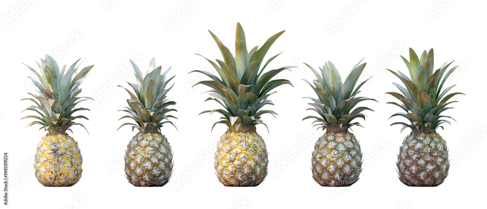Fototapeta premium Five fresh, whole pineapples featuring vibrant green crowns are professionally isolated on a bright transparent background.