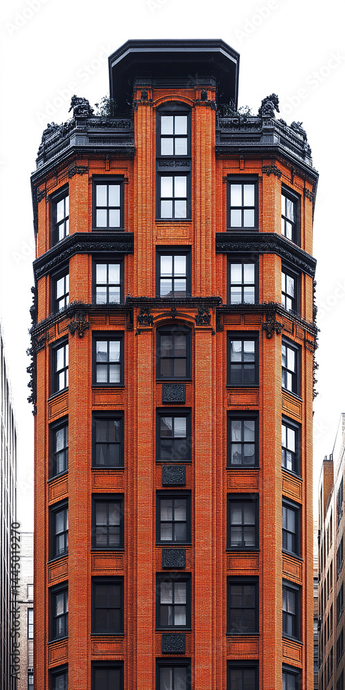Fototapeta premium tall, historic building with intricate architectural details and striking orange facade