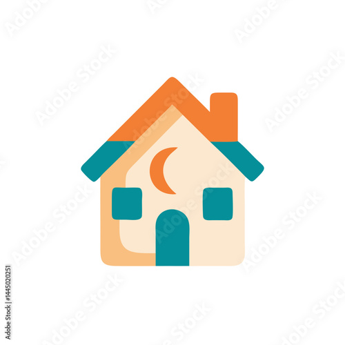 Iconic home illustration with moon motif in vibrant colors  