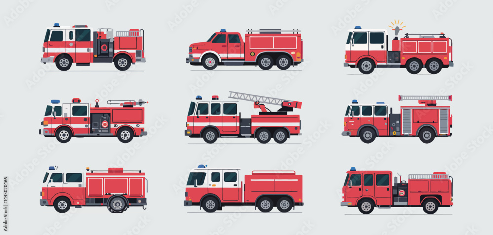 Collection of Nine Different Red Fire Trucks Collection of Nine Different Red Fire Trucks