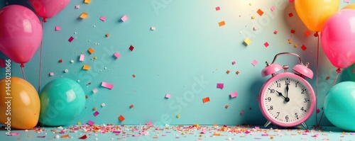 Confetti and balloons in a festive background with a calendar or clock, calendar, holiday, party