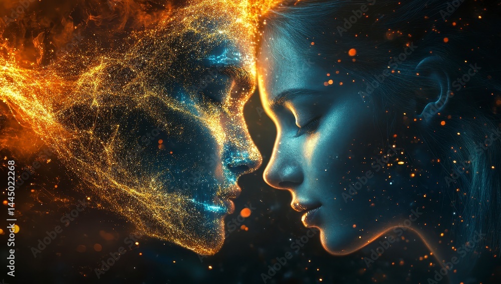 Cosmic Embrace Glowing Abstract Faces in Fiery Blue and Gold Light Cosmic Embrace Glowing Abstract Faces in Fiery Blue and Gold Light