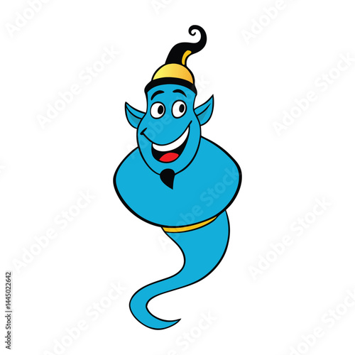 A cheerful genie with a big smile, floating in a magical cloud of swirling smoke, granting wishes with a wink and a joyful sparkle in its eyes. Pure happiness in a bottle!