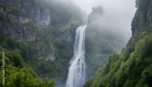 Majestic waterfall cascading down misty mountain gorge. Lush green vegetation surrounds the rocky cliffs