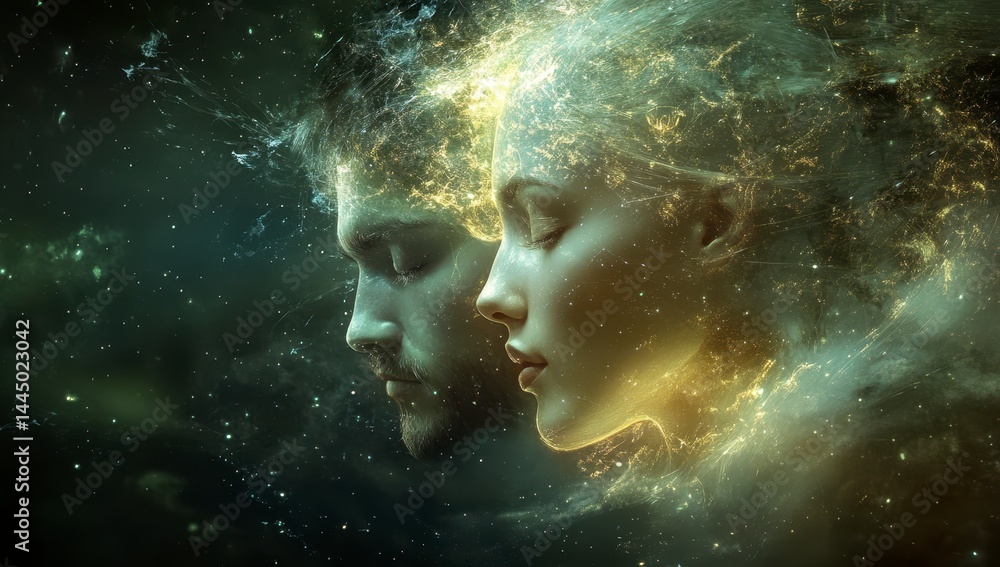 Fototapeta premium Ethereal Cosmic Embrace Golden and Green Dust Surrounds Serene Faces