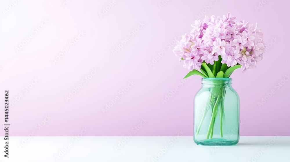 Obraz premium Pretty pink hyacinths in a teal glass vase