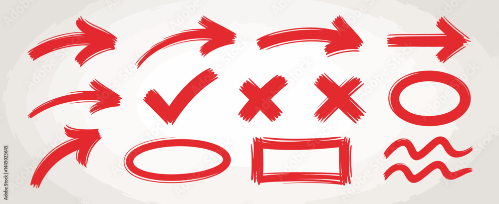 Hand Drawn Red Arrows Check Marks and Symbols Set Hand Drawn Red Arrows Check Marks and Symbols Set