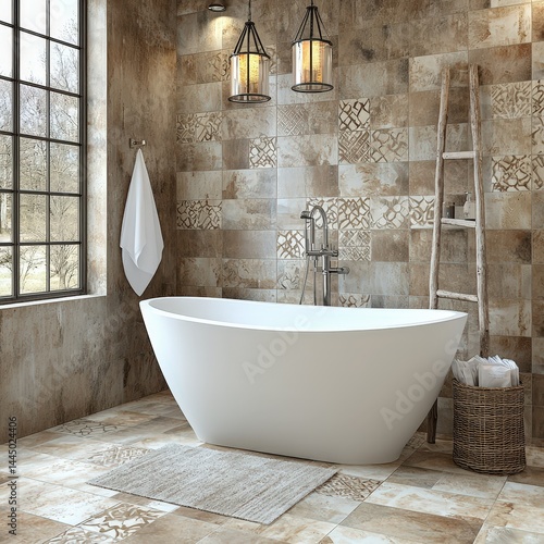 Elegant bathroom featuring a relaxing tub and soft towel creating a serene spa-like atmosphere