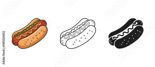 Hot Dog Variations Color Line Art and Silhouette