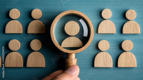 A magnifying glass focuses on one figure among several wooden representations of people, illustrating the search for suitable candidates .