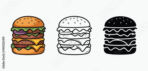 Triple Decker Burger Illustration with Color Outline and Silhouette