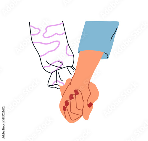 Two hands holding together. Love couple, fingers interlocked. Romantic partne...