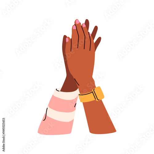 Two hands giving high five together. Female friends greeting with arms up gesture, sign. Friendship, togetherness and support concept. Flat graphic vector illustration isolated on white background
