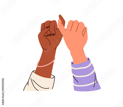 Pinky promise. Two hands crossing little fingers, swearing, making peace, commitment. Holding for trust, friendship sign, bonding gesture. Flat vector illustration isolated on white background
