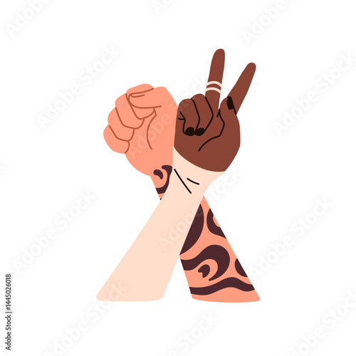 Two hands together, fist power gesture and peace, victory, v sign with finger...