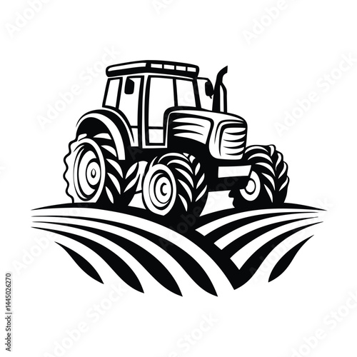 Stylized Black & White Tractor on Field, Agriculture Vehicle, Farmland, Agriculture