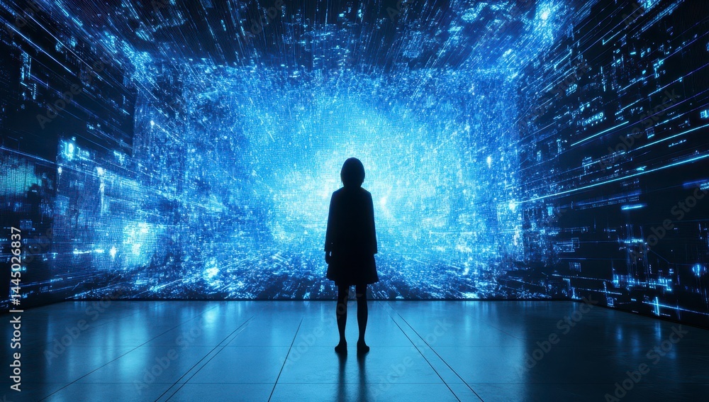 Silhouette of Person Before Glowing Blue Digital Wall Silhouette of Person Before Glowing Blue Digital Wall