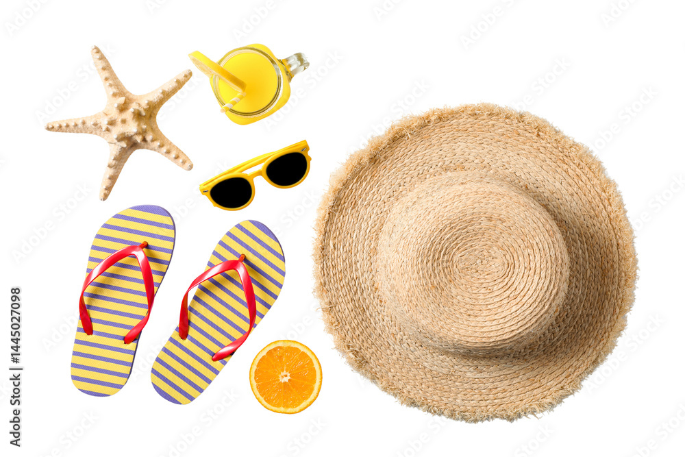 Beach setup with sunglasses, flip-flops, and hat, isolated on white, PNG