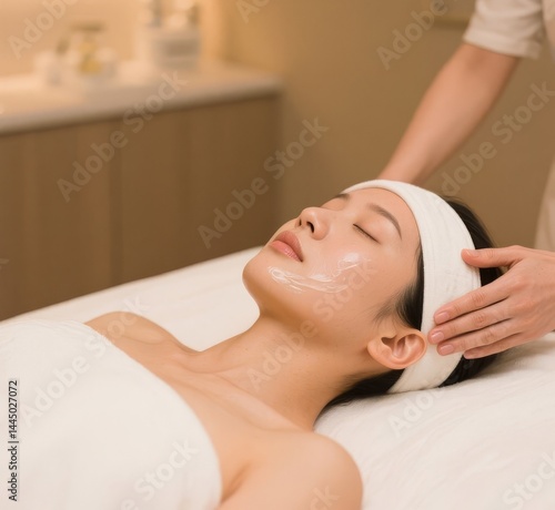 Woman receiving facial treatment in spa setting