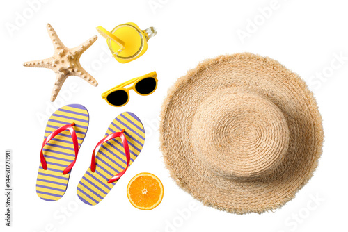 Obraz na płótnie Beach setup with sunglasses, flip-flops, and hat, isolated on white, PNG w salonie